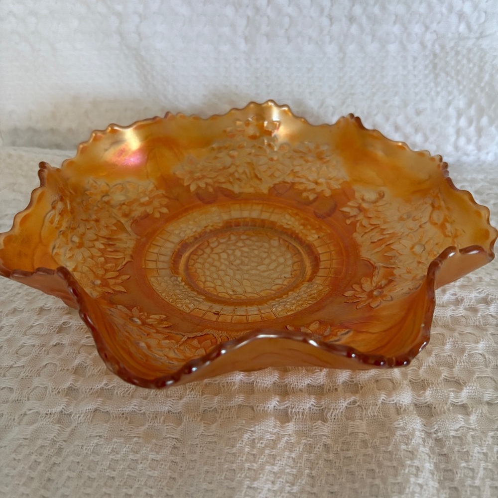Vintage Carnival Glass Bowl / Iridescent Amber Glass Candy Dish